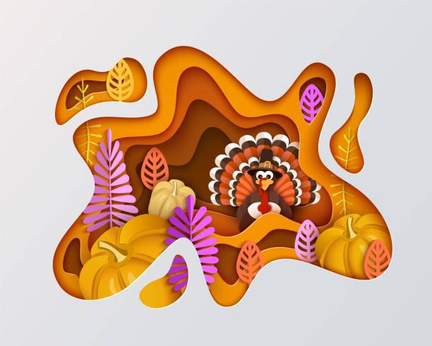 Happy thanksgiving orange layered background. Turkey, pumpkin, autumn leaves, vector design Happy thanksgiving orange multi layered background with traditional turkey, pumpkin, stylized autumn leaves and plants isolated on white background. Harvest decoration vector design EPS10 multi layered effect illustrations stock illustrations