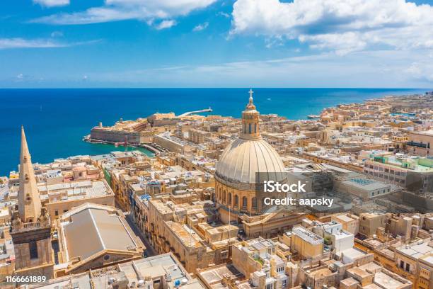 Aerial View Of Lady Of Mount Carmel Church Stpauls Cathedral In Valletta City Malta Stock Photo - Download Image Now