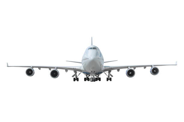 Aircraft with landing gear extended, straight ahead view isolated on white background. Aircraft with landing gear extended, straight ahead view isolated on white background plane hand tool stock pictures, royalty-free photos & images