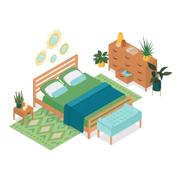 Vector illustration of Isometric green bedroom