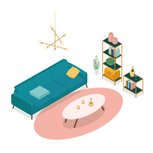 illustrazioni stock, clip art, cartoni animati e icone di tendenza di soggiorno isometrico - tavolino