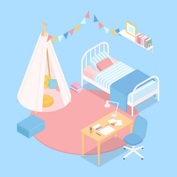 isometrisches kinderzimmer - tipi bett stock-grafiken, -clipart, -cartoons und -symbole