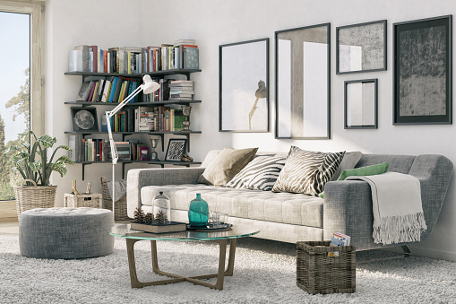 Picture of cozy living room with corner bookshelf. Render image.