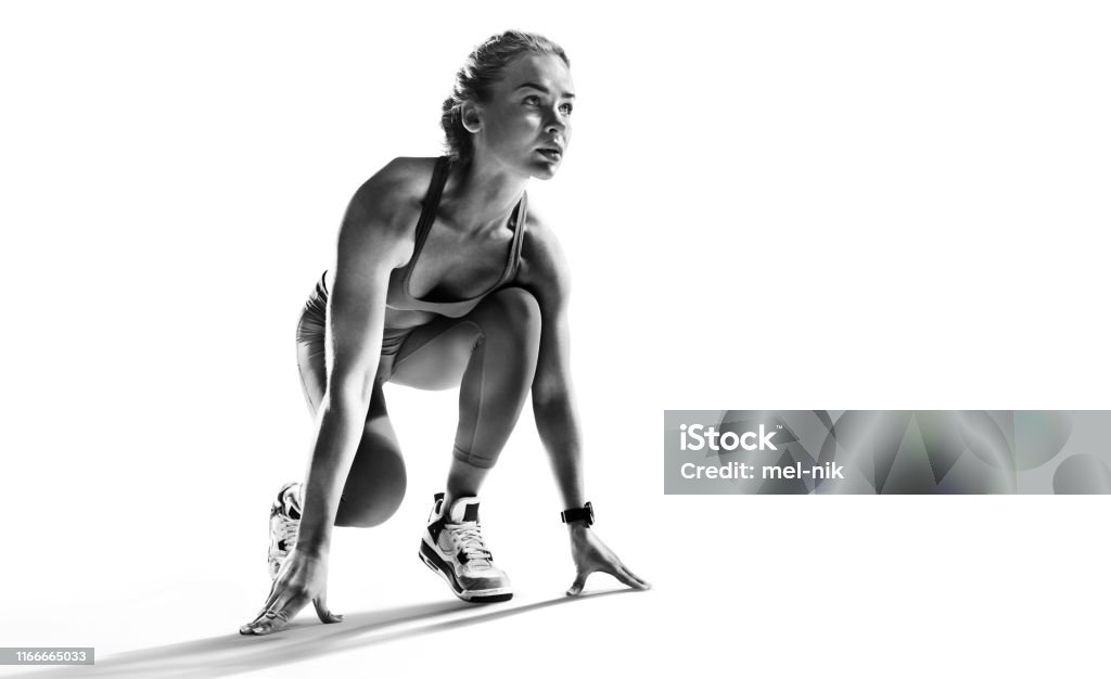 Sports background. Runner on the start. Black and white image isolated on white. Sport backgrounds Athlete Stock Photo