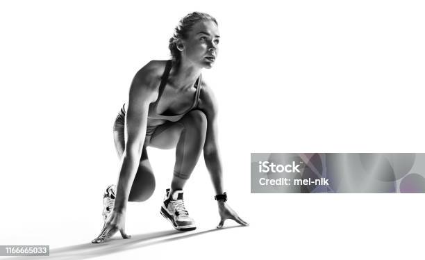 Sports Background Runner On The Start Black And White Image Isolated On White Stock Photo - Download Image Now