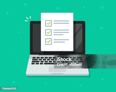istock Check list document on laptop vector, flat cartoon computer with paper check list and to do list with checkboxes, concept of survey, online quiz, completed things or done test, feedback 1166666355