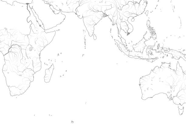 illustrazioni stock, clip art, cartoni animati e icone di tendenza di mappa mondiale dell'oceano indiano: mare erythraean, mar arabico, baia del bengala, sri lanka, maldive, seychelles, ceylon, india, africa, australia, indonesia, madagascar. grafico geografico con costa. - oceano indiano