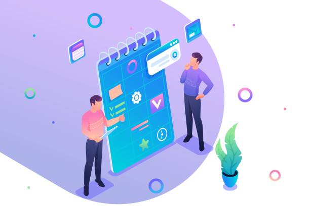 Young people are engaged in drawing up a business plan. Concept of modern technology. 3d isometric Concept for web design Young people are engaged in drawing up a business plan. Concept of modern technology. 3d isometric Concept for web design. business plan document stock illustrations