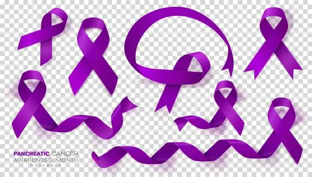 Vector illustration of Pancreatic Cancer Awareness Month. Purple Color Ribbon Isolated On Transparent Background. Vector Design Template For Poster.