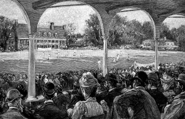 People Watching a Game at the Germantown Cricket Club in Philadelphia, Pennsylvania, United States - 19th Century Crowd of people watching a cricket match at Germantown Cricket Club in Philadelphia, Pennsylvania, USA. Vintage etching circa late 19th century. cricket team stock illustrations