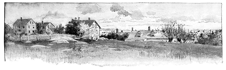 Gallows Hill in Salem, Massachusetts, USA. Vintage etching circa late 19th century.