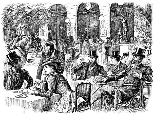 Large crowd of people having breakfast at a cafe in Paris, France. Vintage etching circa late 19th century.