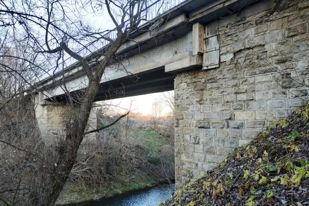 old stone bridge over a shallow river 2019