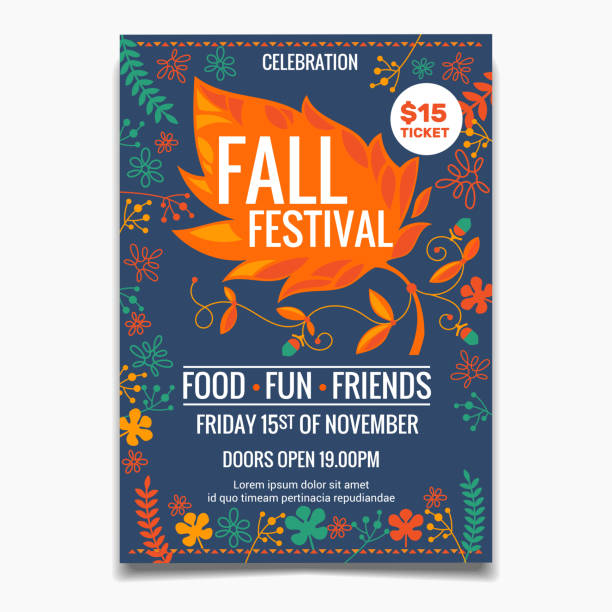 ilustraciones, imágenes clip art, dibujos animados e iconos de stock de folleto del festival de otoño o plantilla de póster. creativo colorido hojas de arce elementos con flores - otoño