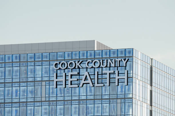Exterior sign on building at Cook County Health Hospital, public health department. stock photo