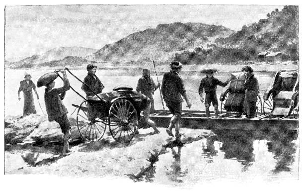 People Boarding a Ferry on the Ibo River in Hyogo Prefecture, Japan - Meiji Era 19th Century People boarding a ferry on the Ibo River in Hyogo Prefecture, Japan. Vintage etching circa late 19th century. meiji period stock illustrations