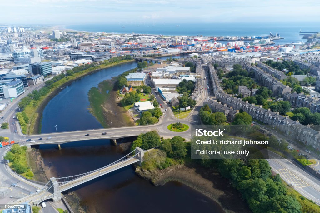 Aerial view of Aberdeen as River Dee flows to the North Sea Aberdeen, Scotland / UK - August 4th 2019: Aerial view of Aberdeen as River Dee flows to the North Sea Aberdeen - Scotland Stock Photo