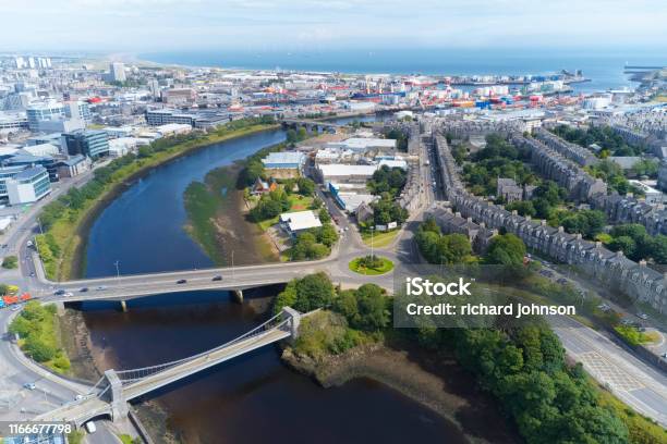 Aerial View Of Aberdeen As River Dee Flows To The North Sea Stock Photo - Download Image Now