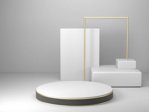 istock 3d render, abstract geometric background, cylinder podium, minimalistic primitive shapes, modern mock up, blank template, gold metal grid, mesh, empty showcase, shop display 1166678034