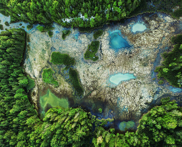 High Mineral Content Wetland Aerial view of high mineral content wetland with dead moss. open pit mine photos stock pictures, royalty-free photos & images