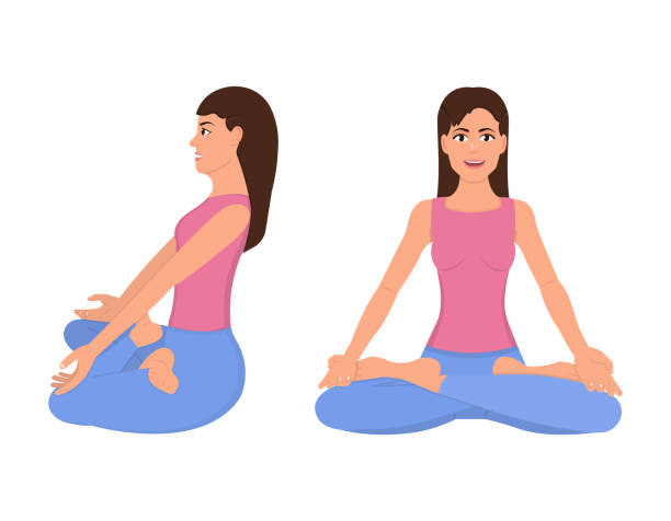 dziewczyna siedząca w pozycji lotosu przed i z boku widok, ikony w stylu płaskim, kobieta robi jogę lub medytacja ilustracja wektorowa - posture women side view yoga stock illustrations