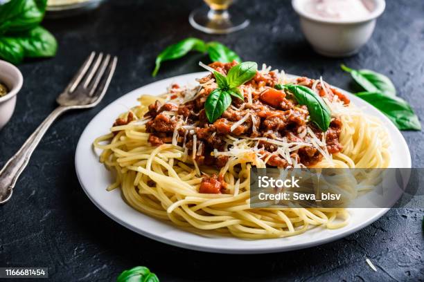 Spaghetti With Bolognese Sauce And Parmesan Cheese Stock Photo - Download Image Now - Spaghetti Bolognese, Pasta, Spaghetti