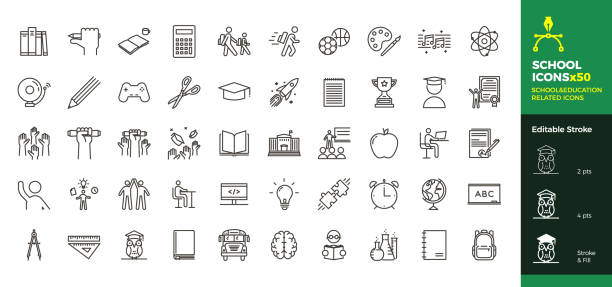 ilustrações de stock, clip art, desenhos animados e ícones de back to school icon set with 50 different vector icons related with education, success, academic subjects and more. editable stroke for your own needs. - ícone ilustrações