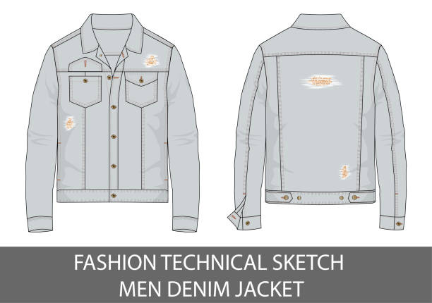 Fashion technical sketch men denim jacket Fashion technical sketch men denim jacket in vector graphic denim jacket stock illustrations