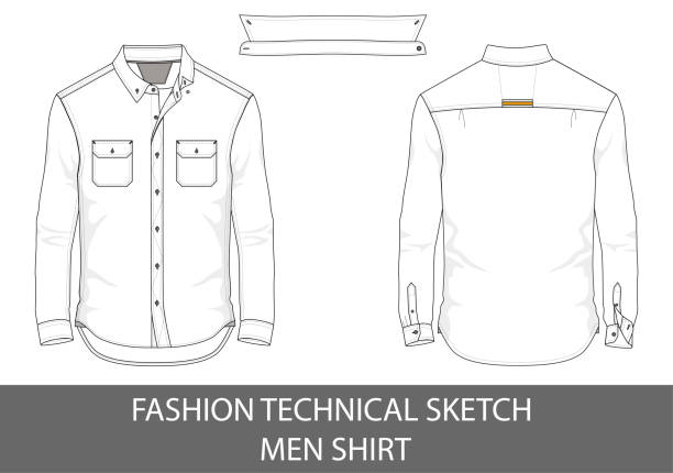 Fashion technical sketch of men shirt Fashion technical sketch men shirt with long sleeves in vector. yoke stock illustrations