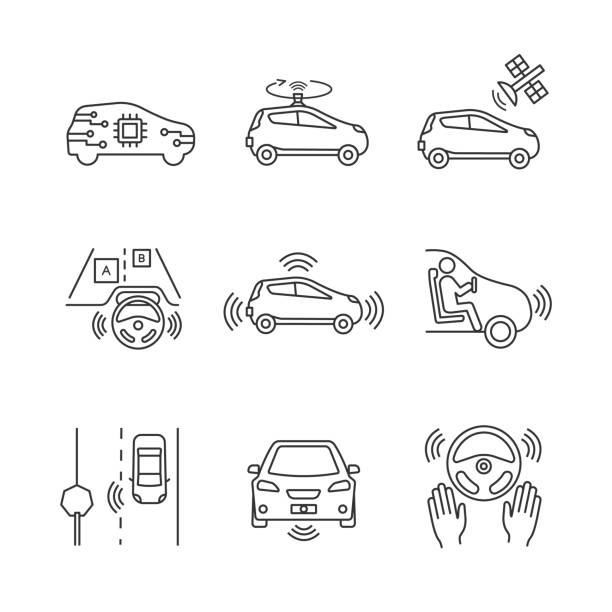 Autonomous car icons Autonomous car linear vector icons. Self-driving automobile, LIDAR, satellite control. Sensors detecting road signs, other vehicles, pedestrians. Thin line. Editable stroke autonomous vehicles stock illustrations