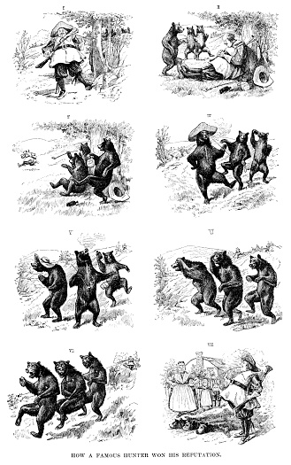 How a Famous Hunter Won His Reputation cartoon strip. Vintage etching circa late 19th century.