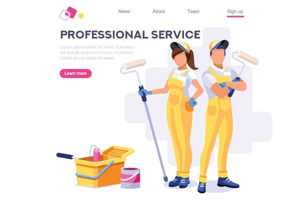 Wall Repair Professional Wall Repair Professional, Home Clip. Painting Work, Roller Set, Vacuuming Design, Sweeping Wallpaper. Service Cleaner Element. Worker Cartoon Flat Vector Illustration Banner Isolated Isometric Concept house painter stock illustrations