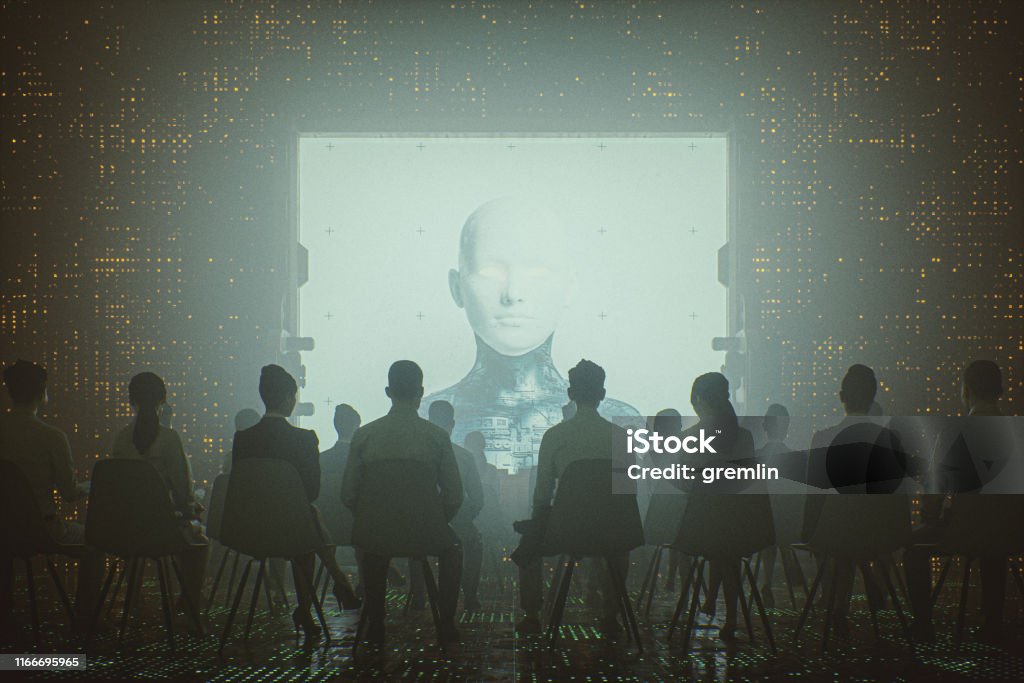 Futuristic cyborg religion and control Futuristic cyborg religion and control. Image on the projection screen is my own render, already approved and in my portfolio. This is entirely 3D generated image. Artificial Intelligence Stock Photo