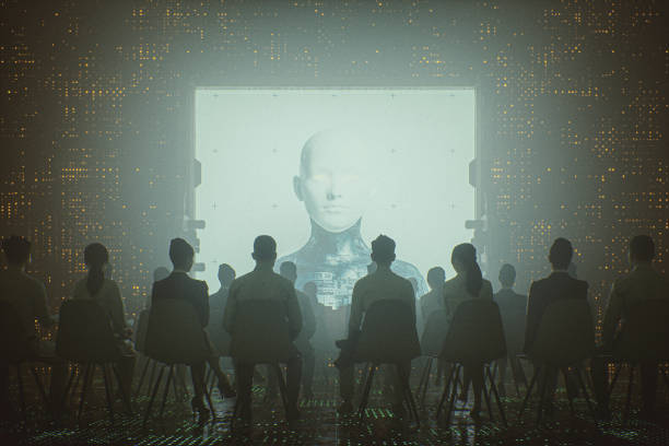 Futuristic cyborg religion and control Futuristic cyborg religion and control. Image on the projection screen is my own render, already approved and in my portfolio. This is entirely 3D generated image. interrogation woman stock pictures, royalty-free photos & images