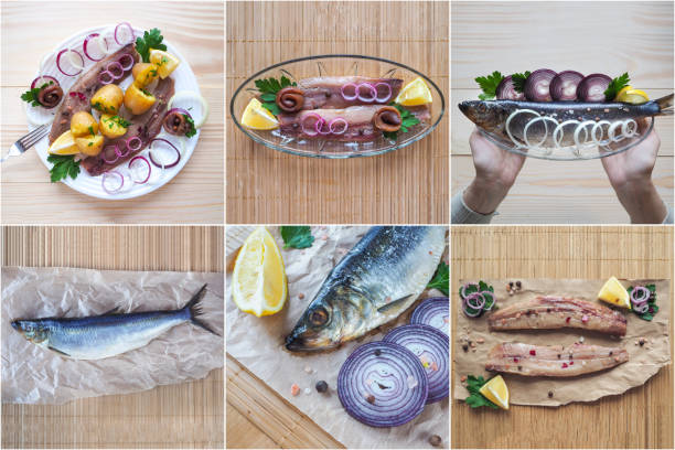 Collage showing the dishes with herring. Close up.