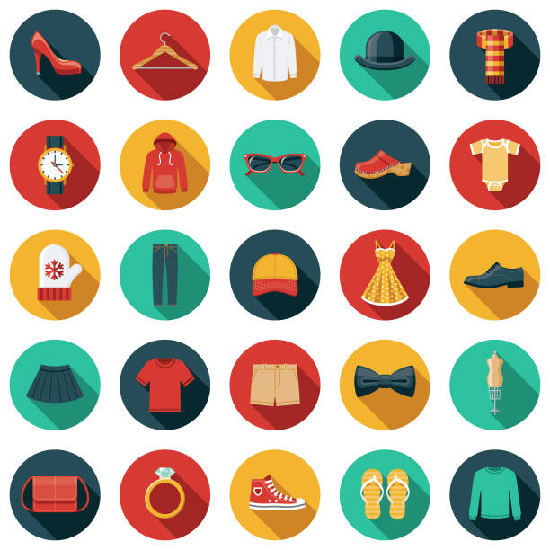Clothing and Accessories Icon Set A set of icons. File is built in the CMYK color space for optimal printing. Color swatches are global so it’s easy to edit and change the colors. fashion icons stock illustrations