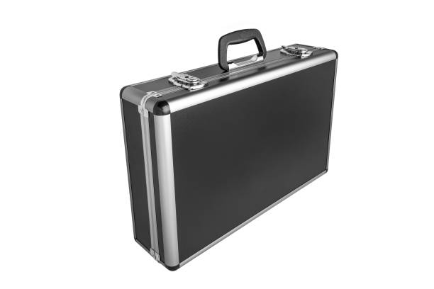 istock Black padded aluminum briefcase case with metal corners isolated on white 1166702233