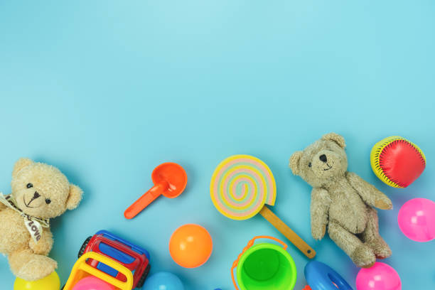 istock Table top view decoration kid toys for develop background concept.Flat lay accessories baby to play with items child on modern bule paper at office desk.Copy space for add text.pastel tone wallpaper. 1166704872