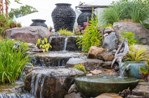 istock Landscape architecture with pergola and water features for summer garden 1166705123