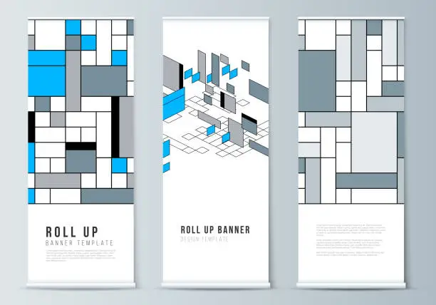 Vector illustration of The vector layout of roll up banner stands, vertical flyers, flags design business templates. Abstract polygonal background, colorful mosaic pattern, retro bauhaus de stijl design.