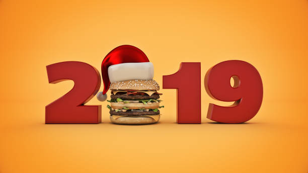 istock hamburger with santa hat concept 2019 New Year sign. 3d rendering 1166709704