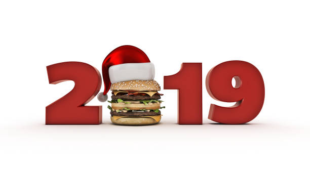 istock hamburger with santa hat concept 2019 New Year sign. 3d rendering 1166710451