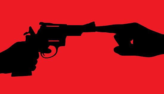 Vector silhouette of a finger plugging the barrel of a handgun.