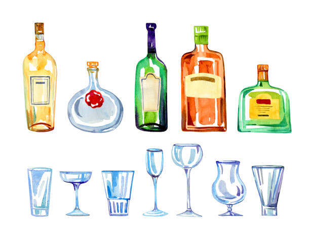 カラーガラスアルコールボトルと空眼鏡。水彩画描き下ろしスケッチイラストセット - whisky liqueur glass alcohol bottle点のイラスト素材／クリップアート素材／マンガ素材／アイコン素材