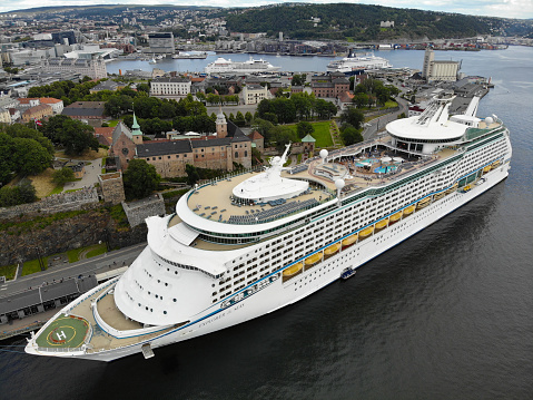 July 2019, Explorer of the Seas, cruise ship belonging to Royal Caribbean International, docked at the cruise terminal of Oslo, making the Scandinavia & Russia itinerary. Completed in 2000, she became the world's largest passenger ship at the time of its launch.