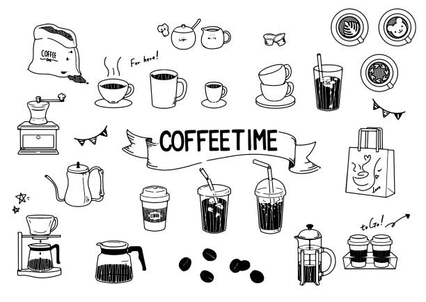 schwarz und weiß kaffee-illustration-set. - black coffee illustrations stock-grafiken, -clipart, -cartoons und -symbole