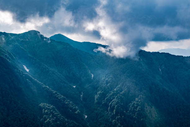 istock High mountains with forested slopes and peaks hidden in the clouds. 1166733997