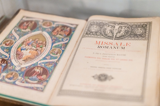 Kaliningrad, Russia - 06.16.2019 - Roman Missal book in cathedral. Liturgical book for celebration of Mass in Roman Rite of Catholic Church