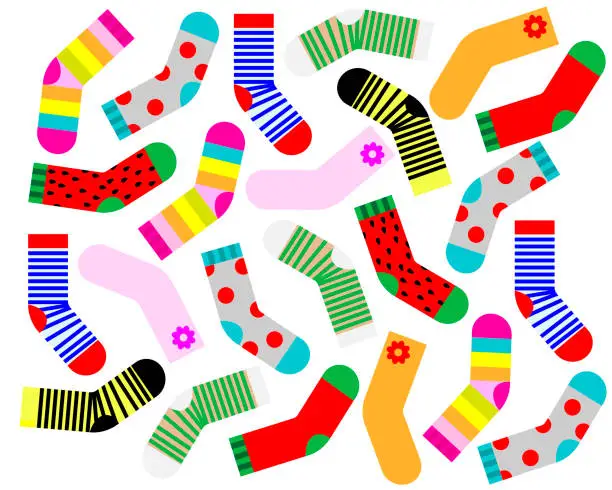 Vector illustration of Pattern of children's colorful socks on a white background. Vector illustration.