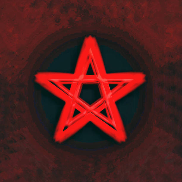 symbole pentagram inversé. symboles wiccan- croix de soufre. cercle de sorts runic rouge sang. signe satanique, anneau de coulée magique. pentalpha, pentangle. illustration 3d. - pentangle photos et images de collection